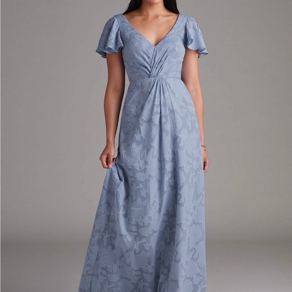 AZAZIE SOREN
Dusty Blue A-Line Pleated Floral Burnout Bridesmaid Dress